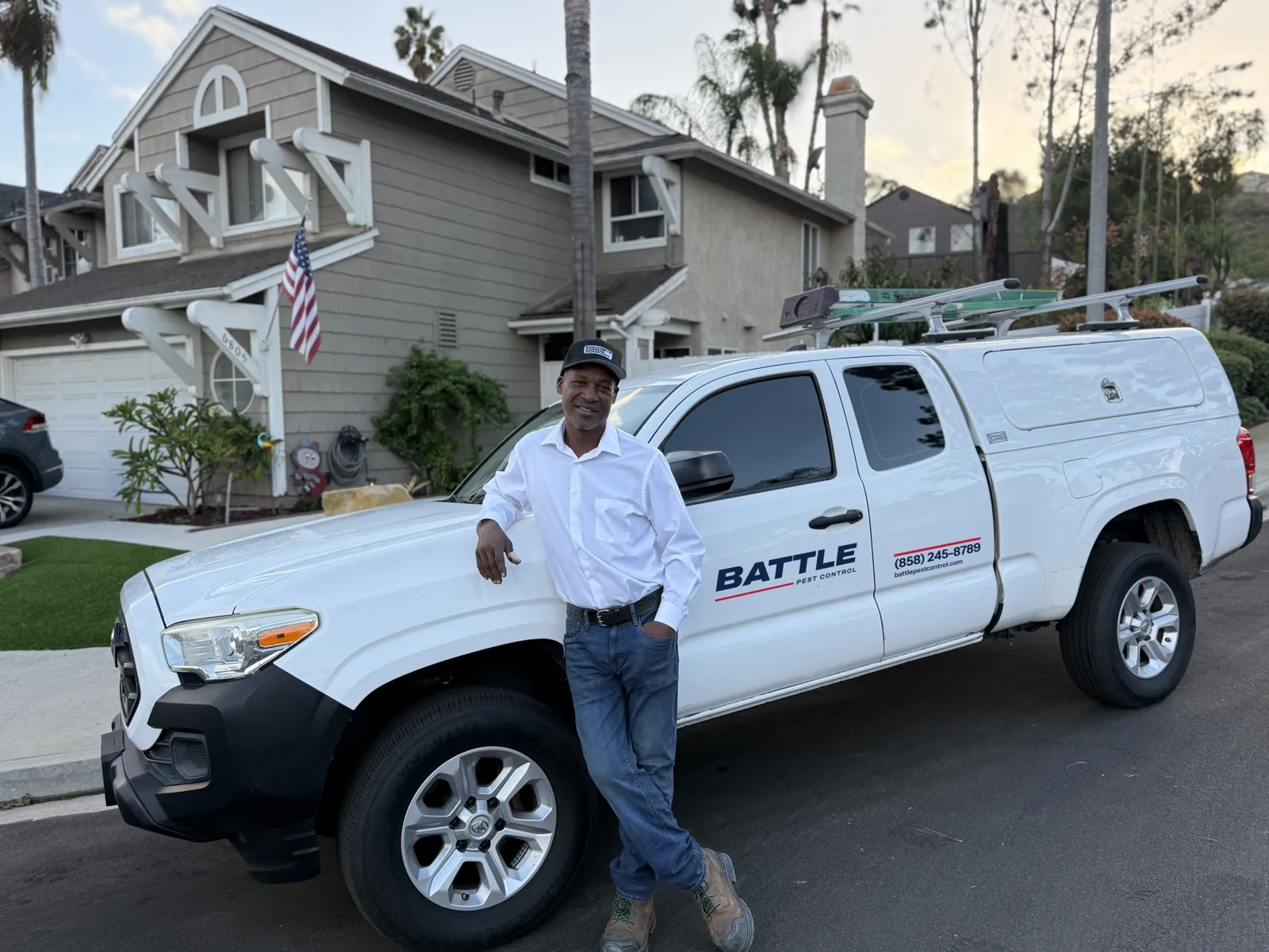 Kenny Battle, owner of Battle Pest Control, with his truck in North County San Diego